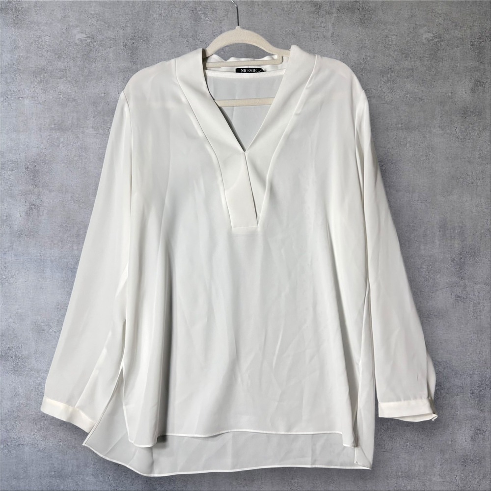 NIC+ZOE Tunic Blouse Womens L Cream V-Neck Long Sleeve Flowy Ivory Top‎ Career